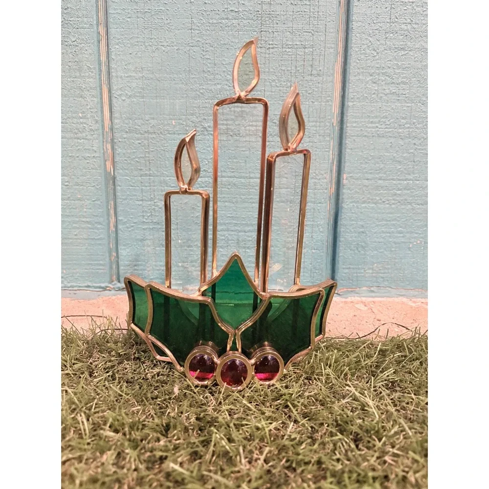 Vintage Stained Glass Christmas Holly Candle Holder Green Red Gold Holiday Decor